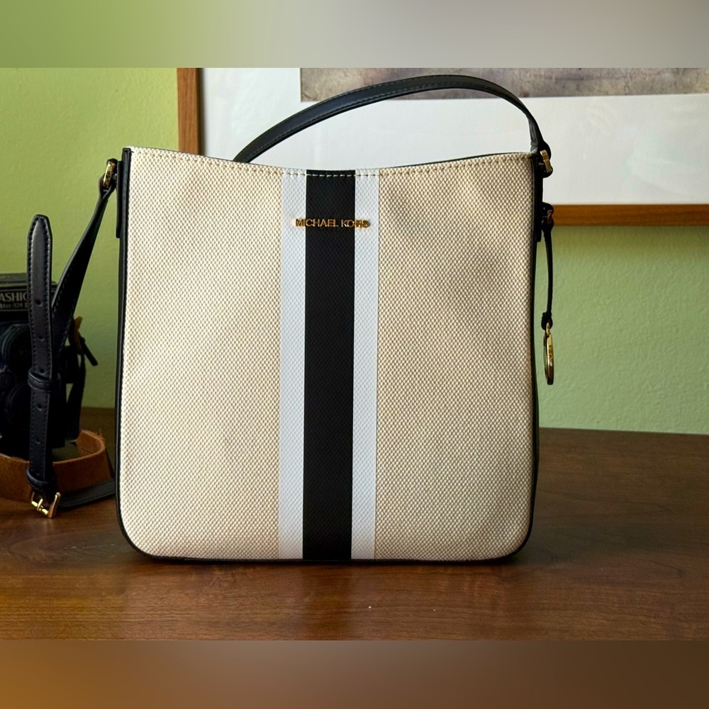 Michael Kors Light Beige and Black Crossbody Bag.
